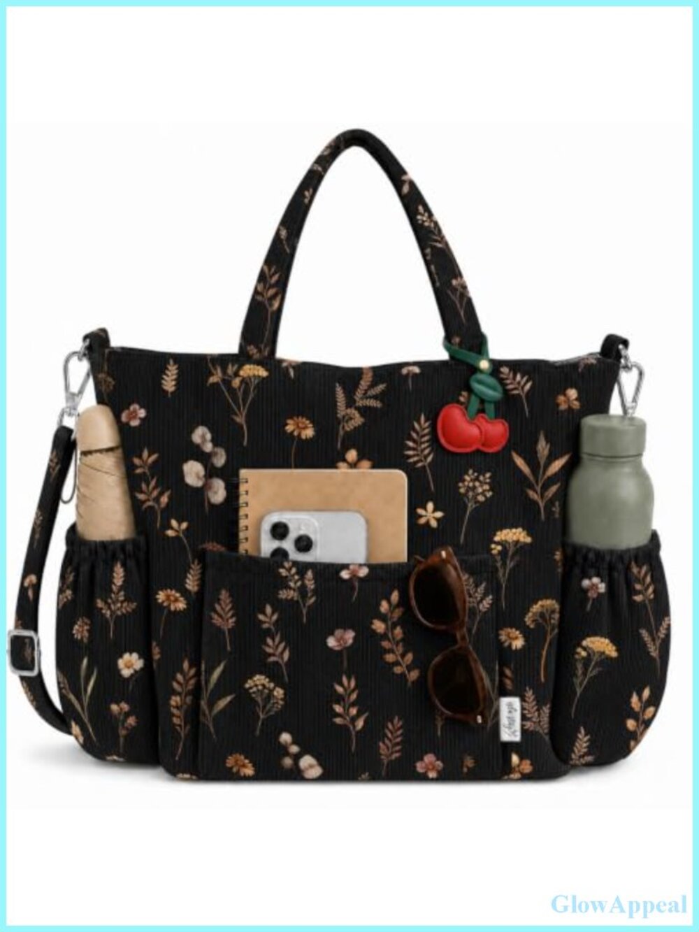 Corduroy Tote Bag Women Multi-Pocket Adjustable Strap Floral Print Laptop